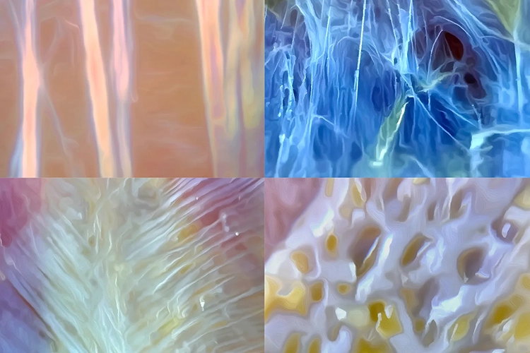 WIN_25_AnatomyForTouch1_Teaser These images show the variety of densities and patterns found in the collagen matrix. Clockwise from top left: Thoracolumbar fascia (magnified 40x), loose connective tissue, deep surface of the dermis, linea alba.