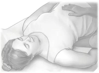 woman lying flat on her back, a hand on the center of her abdomen.