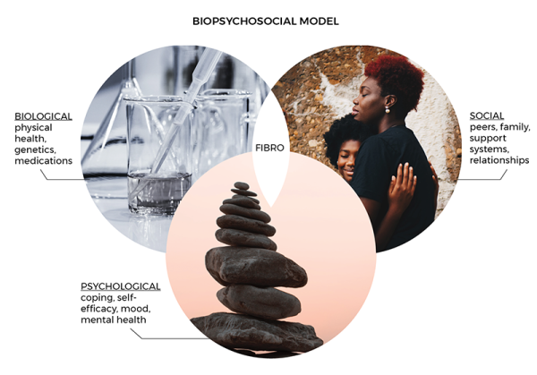 A biopsychosocial model in a Venn diagram with three circles: biological, psychological, and social.