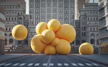 Giant, yellow globules, possibly mirroring fat globules, bounce through a city street.