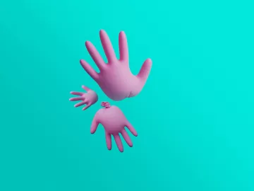 conceptual, pink rubber gloves on teal background.