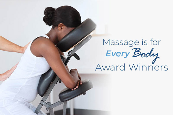 Massage is for EveryBody image of Black woman receiving chair massage.