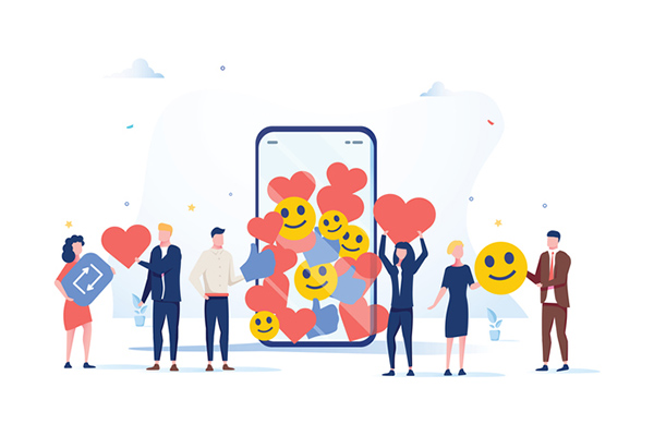 Cartoon people holding emojis and heart icons standing near a giant smartphone