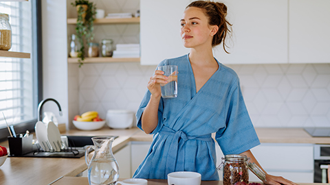 Image of a person standing in their kitchen drinking a glass of water.