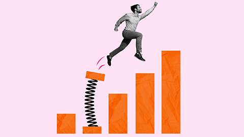 Animated image of a person jumping up a bar graph.