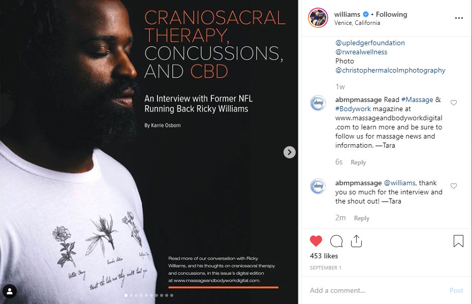 Screenshot of Instagram post by Ricky Williams sharing a Massage & Bodywork article