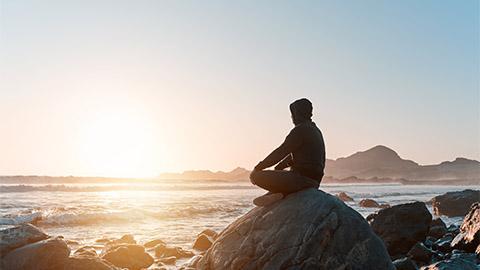 Image of a person sitting on a rock overlooking the ocean at sunset.